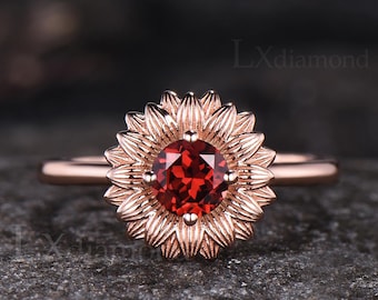 Einzigartige Natur inspiriert Sonnenblume Verlobungsring Rundschnitt natürliche Granat Solitär Ring Art Deco 14k Gelbgold Januar Birthstone Ring