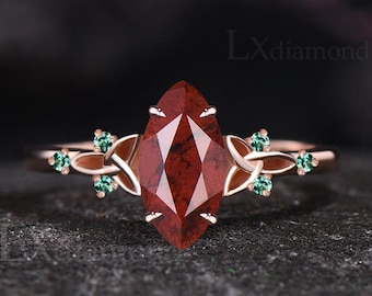 Marquise Cut Natural Bloodstone Engagement Ring,Celtic Knot Ring,14k Rose Gold With Emerald Accents,Vintage Inspired Promise Ring For Women