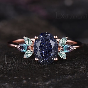 Unique Galaxy Healing Oval Cut Blue Sandstone Engagement Ring Moss Agate Wedding Ring Vintage 14k Rose Gold June Birthstone Alexandrite Ring
