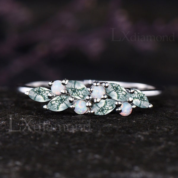 Dainty Marquise Cut Natural Green Moss Agate Wedding Band Unique October Birthstone Round White Opal Cluster Ring Promise Gift For Women