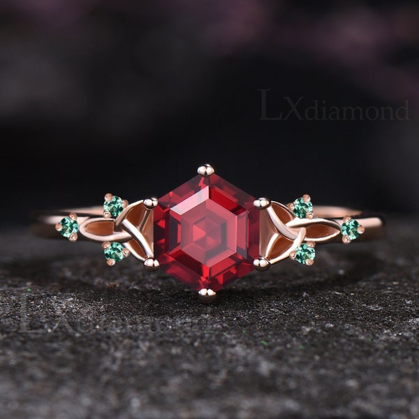 Unique Hexagon Cut Ruby Engagement Ring Vintage Round Emerald Celtic Knot Wedding Ring Art Deco Rose Gold July Birthstone Promise Gift Women