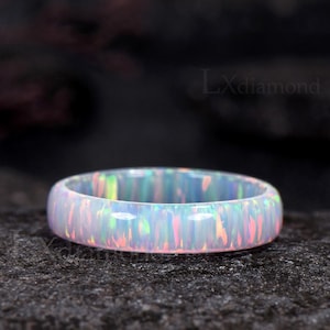 5mm Unique White Opal Wedding Band Men Full Eternity Wedding Ring October Birthstone Band Personalized Custom Ring Gift For Him Women