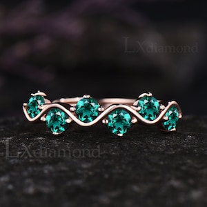 Dainty Round Cut Emerald Wedding Band Unique May Birthstone Wedding Ring Six Stone Curve Ring 14k Rose Gold Matching Band Promise Gift Women