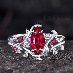 Marquise Cut Ruby Engagement Ring Set Opal Moon Branch Proposal Gift Vine Leaf Bridal Wedding Set Nature Celestial Inspired Ring White Gold