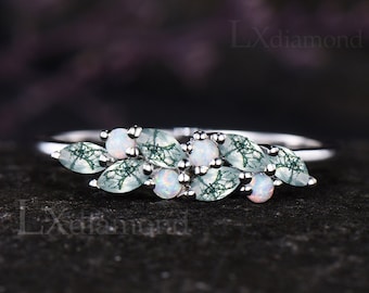 Dainty Marquise Cut Natural Green Moss Agate Wedding Band Unique October Birthstone Round White Opal Cluster Ring Promise Gift For Women