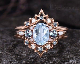 Milgrain Oval Cut Natural Aquamarine Engagement Ring Set Vintage Alexandrite Opal Cluster Ring Antique March Birthstone 3pcs Bridal Ring Set