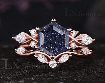 Hexagon Cut Blue Sandstone Engagement Ring Set Unique Galaxy Healing Blue Gemstone Ring 14k Rose Gold Moissanite 2pcs Bridal Ring Set Women