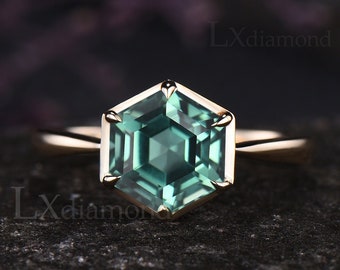 Unique 7x7mm Hexagon Cut Green Sapphire Engagement Solitaire Ring Art Deco 14k Yellow Gold Green Gemstone Ring Birthday Custom Gift Women
