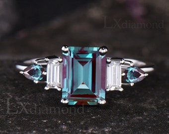 Emerald Cut Alexandrite Engagement Ring Vintage June Birthstone Color Change Stone Ring Art Deco Sterling Silver 10k White Gold Bridal Ring