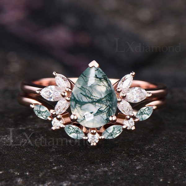 Unique Pear Cut Moss Agate Engagement Ring Set Art Deco Seven Stone Cluster Wedding Ring Vintage Rose Gold Sterling Silver 2pcs Bridal Set