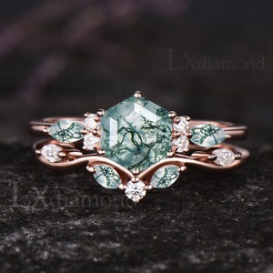 Art Deco Hexagon Cut Natural Green Moss Agate Engagement Ring Set Unique 14k Rose Gold Moissanite Ring Green Gemstone 2pcs Bridal Ring Set