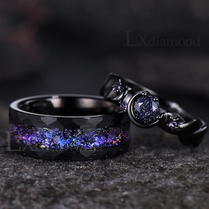 Black Wedding Ring Set For Couples Galaxy Tungsten Band And Crescent Moon Star Round Blue Goldstone Engagement Ring Bridal Matching Set Gift