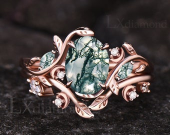 Art Deco Oval Cut Natural Green Moss Agate Engagement Ring Set Unique 14k Rose Gold Leaf Vine Twig Branch Nature Inspired Ring Moon Ring