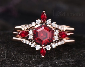 Antique July Birthstone Ruby Engagement Ring Set Unique 14k Rose Gold Moissanite Halo Cluster Wedding Ring Art Deco Curved Wedding Band