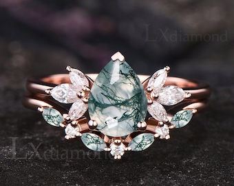 Unique Pear Cut Moss Agate Engagement Ring Set Art Deco Seven Stone Cluster Wedding Ring Vintage Rose Gold Sterling Silver 2pcs Bridal Set