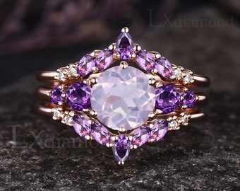 Round Cut Natural Lavender Amethyst Engagement Ring Set Unique February Birthstone Purple Crystal Ring 14k Rose Gold 3pcs Bridal Ring Set