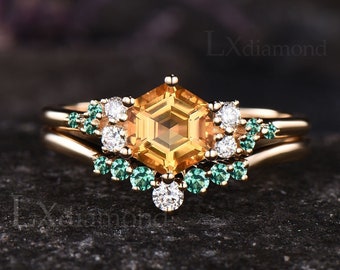 Delicate Hexagon Cut Natural Citrine Engagement Ring Set Unique Emerald Moissanite Snowdrift Cluster Ring Art Deco 2pcs Bridal Ring Set