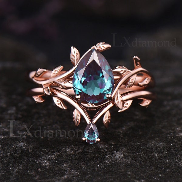 Unique Teardrop Alexandrite Engagement Ring Set Leaf Vine Twig Branch Nature Inspired Ring Alexandrite Solitaire Ring 2pcs Bridal Ring Set