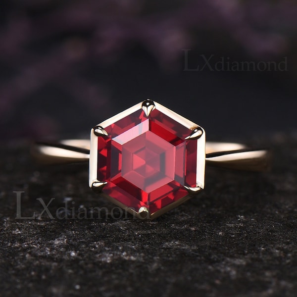 Vintage Hexagon Ruby Solitaire Ring Antique July Birthstone Red Gemstone Ruby Engagement Wedding Ring Art Deco 14k Yellow Gold Birthday Gift