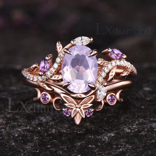 Unique Oval Cut Lavender Amethyst Engagement Ring Set February Birthstone Moon Leaf Nature Inspired Ring Art Deco 2pcs Bridal Ring Set Women