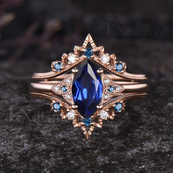 Vintage Marquise Cut Blue Sapphire Engagement Ring Set Natural London Blue Topaz Celtic Knot Ring September Birthstone 3pcs Bridal Ring Set