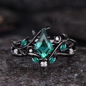 Unieke kite-geslepen smaragd verlovingsring set art deco maanring blad natuur geïnspireerde ring 14k zwart goud mei geboortesteen 2-delige bruidsring set