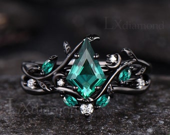 Einzigartige Drachen geschnitten Smaragd Verlobungsring Art Deco Mond Ring Blatt Natur inspiriert Ring 14k Schwarzgold kann Birthstone 2st Brautring Set