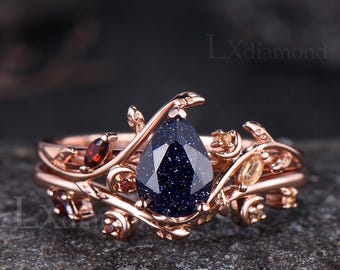 Galaxy Pear Cut Blue Sandstone Engagement Ring Set Moon Leaf Vine Twig Branch Garnet Citrine Nature Inspired Ring Wedding Healing Jewelry