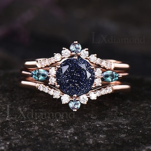 Galaxy Round Blue Sandstone Engagement Ring Set Unique June Birthstone Alexandrite Moissanite Ring Art Deco 14k Rose Gold Healing Jewelry