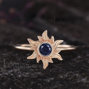 Round Cut Blue Sandstone Engagement Ring Unique Sun Ring Galaxy Healing Jewelry Blue Gemstone Solitaire Ring Celestial Jewelry Sunburst Gift