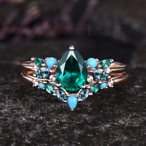 Vintage Teardrop Emerald Engagement Ring Set 14k Rose Gold Alexandrite Turquoise Cluster Ring Art Deco 2pcs Bridal Ring Set Women Jewelry