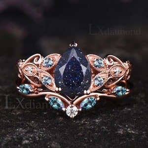 Vintage Galaxy Pear Cut Blue Sandstone Engagement Ring Set Unique June Birthstone Alexandrite Ring Art Deco 14k Rose Gold Butterfly Ring