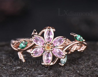 Lily Flower Marquise Pink Sapphire Engagement Ring Moss Agate Emerald Leaf Branch Bypass Vintage Citrine Floral Proposal Ring Gift Women