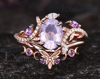 Unique Oval Cut Lavender Amethyst Engagement Ring Set February Birthstone Moon Leaf Nature Inspired Ring Art Deco 2pcs Bridal Ring Set Women