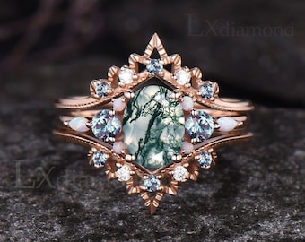 Milgrain Oval Cut Natural Moss Agate Engagement Ring Set Vintage Alexandrite Opal Cluster Ring Art Deco Green Agate 3pcs Bridal Ring Set