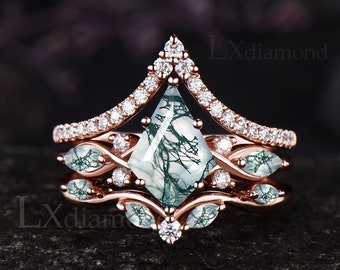 Unique Kite Cut Moss Agate Engagement Ring Set Vintage Round Moissanite Half Eternity Ring Art Deco 14k Rose Gold 3pcs Bridal Ring Set Women