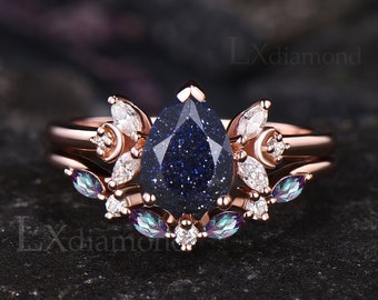 Galaxy Pear Cut Blue Sandstone Engagement Ring Set Art Deco Marquise Alexandrite Moon Wedding Ring Rose Gold Seven Stone 2pcs Bridal Set