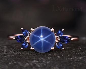 Unique Round Oval Cut Blue Star Sapphire Engagement Ring Vintage Seven Stone Cluster Blue Gemstone Ring September Birthstone Jewelry Women