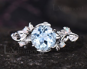 Unique Round Cut Natural Aquamarine Engagement Ring Vintage Leaf Vine Twig Branch Nature Inspired Wedding Ring Opal Five Stone Bridal Ring