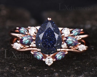 Unique Teardrop Galaxy Blue Sandstone Engagement Ring Set Vintage Marquise Alexandrite June Birthstone Cluster Wedding Ring Healing Jewelry