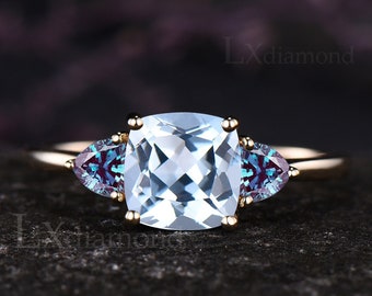 Unique Cushion Natural Aquamarine Engagement Ring Trillion Alexandrite Three Stone Ring 14k Yellow White Gold March Birthstone Jewelry Gift