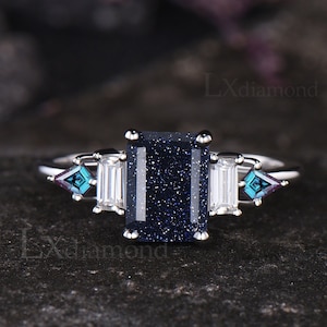Galaxy Emerald Cut Blue Sandstone Engagement Ring Unique Kite Alexandrite Five Stone Wedding Ring Art Deco White Gold Sterling Silver Ring
