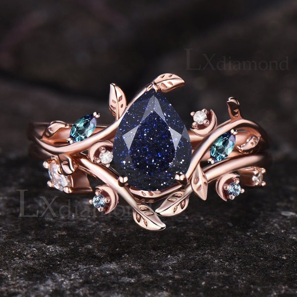 Galaxy Pear Cut Blue Sandstone Engagement Ring Set Leaf Vine Twig Branch Nature Inspired Ring Alexandrite Moon Wedding Band Healing Jewelry