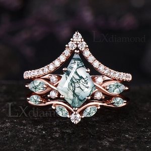 Unique Kite Cut Moss Agate Engagement Ring Set Vintage Round Moissanite Half Eternity Ring Art Deco 14k Rose Gold 3pcs Bridal Ring Set Women