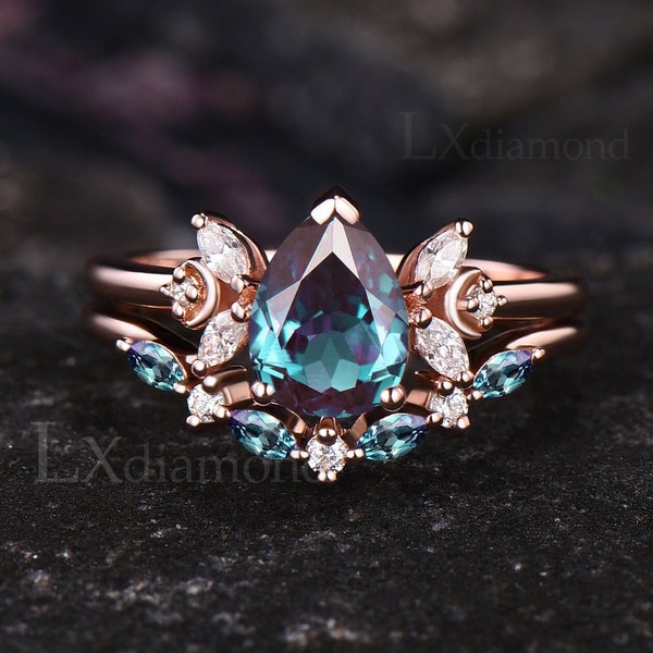 Pear Cut June Birthstone Alexandrite Engagement Ring Set Unique Moissanite Moon Ring Art Deco 14k Rose Gold Seven Stone 2pcs Bridal Ring Set