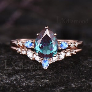 Pear Cut June Birthstone Alexandrite Engagement Ring Set Natural Moonstone Moissanite Cluster Wedding Band 14k Rose Gold Custom Ring Set