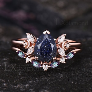Galaxy Pear Cut Blue Sandstone Engagement Ring Set Art Deco Marquise Alexandrite Moon Wedding Ring Rose Gold Seven Stone 2pcs Bridal Set