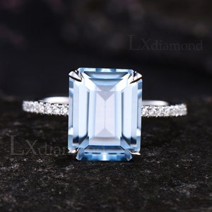 8x10mm Emerald Cut Natural Aquamarine Engagement Ring Under Halo Basket 14k White Gold Moissanite Diamond Ring March Birthstone Bridal Ring