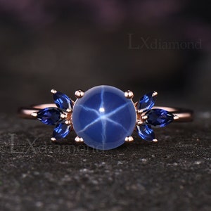 Unique Round Oval Cut Blue Star Sapphire Engagement Ring Vintage Seven Stone Cluster Blue Gemstone Ring September Birthstone Jewelry Women