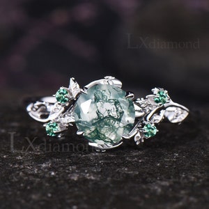 Unique Leaf Vine Twig Branch Nature Inspired Engagement Ring Round Cut Natural Moss Agate Ring 14k White Gold Five Stone Emerald Bridal Ring